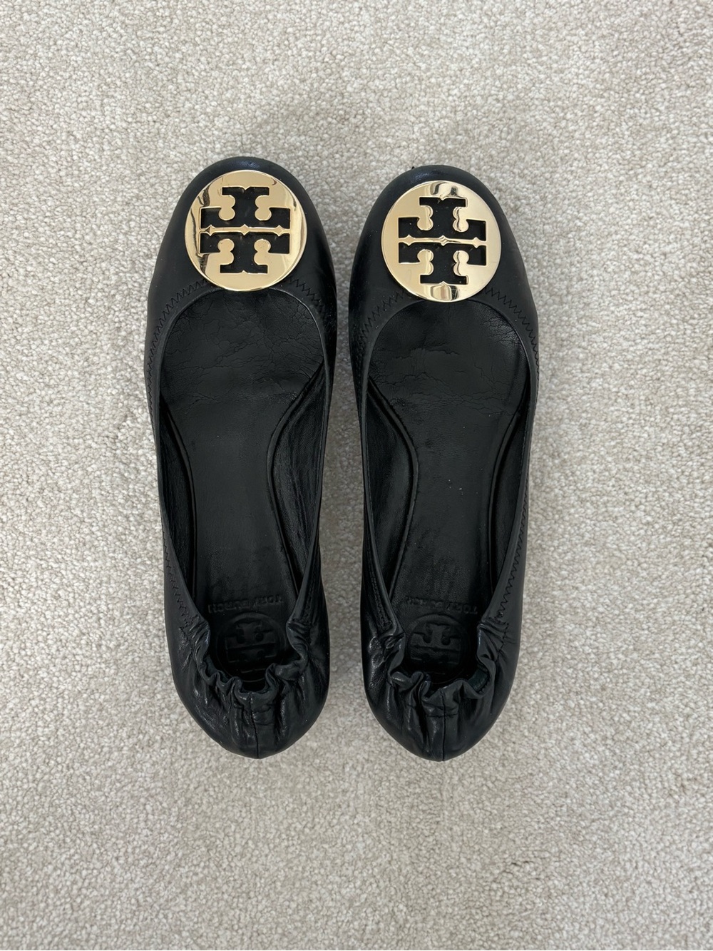 Tory Burch Black Leather Reva Flats with Gold Medallion